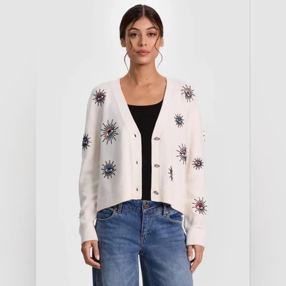 Alice + Olivia White Cardigan with Multicolor Embroidery BRADLEY SHORT EMBELLISH - Picture 1 of 11